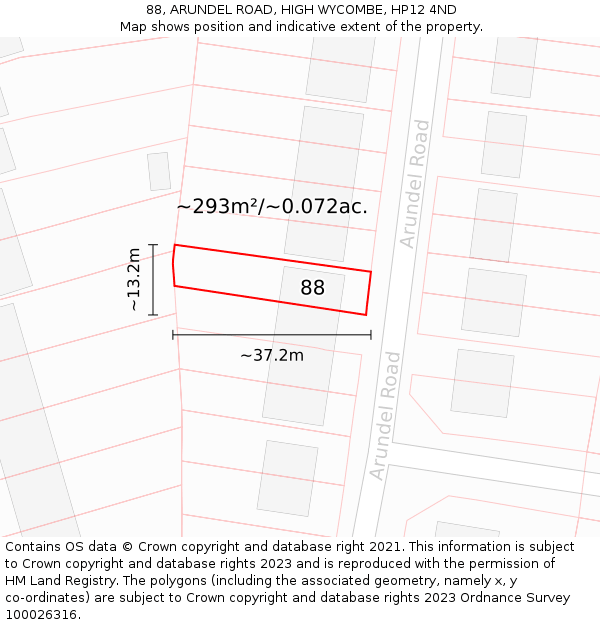 88, ARUNDEL ROAD, HIGH WYCOMBE, HP12 4ND: Plot and title map