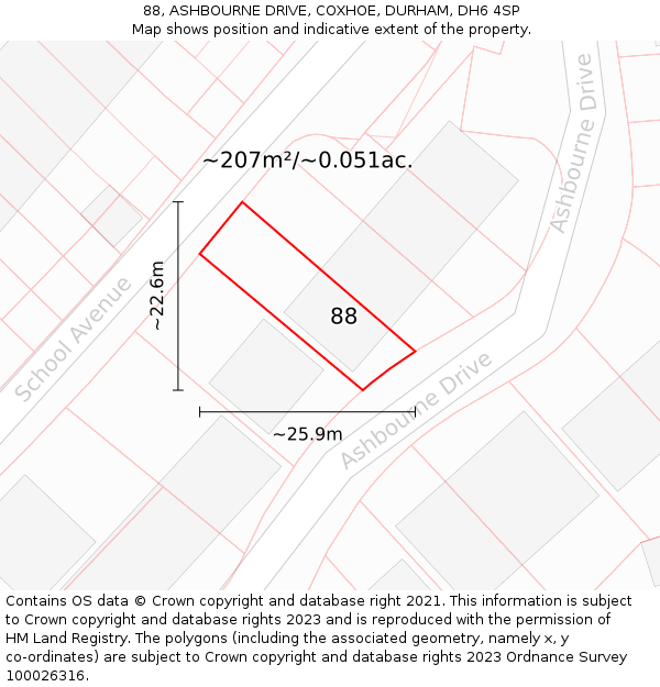 88, ASHBOURNE DRIVE, COXHOE, DURHAM, DH6 4SP: Plot and title map
