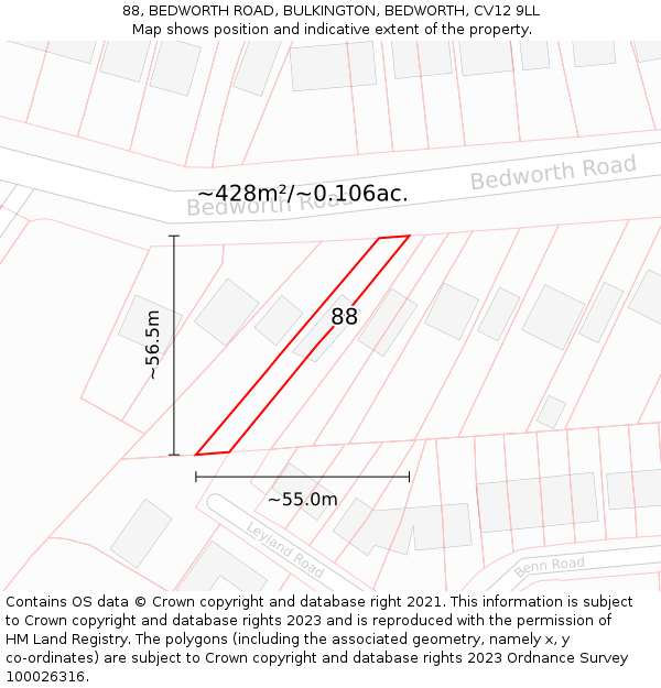 88, BEDWORTH ROAD, BULKINGTON, BEDWORTH, CV12 9LL: Plot and title map