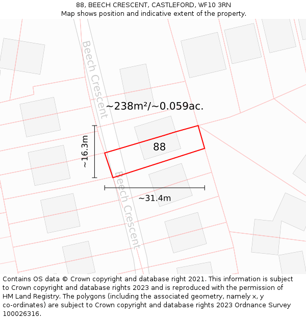 88, BEECH CRESCENT, CASTLEFORD, WF10 3RN: Plot and title map