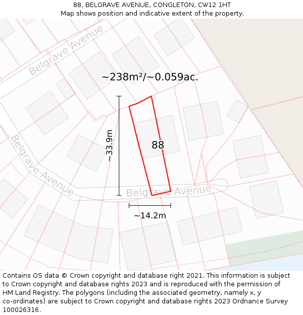 88, BELGRAVE AVENUE, CONGLETON, CW12 1HT: Plot and title map