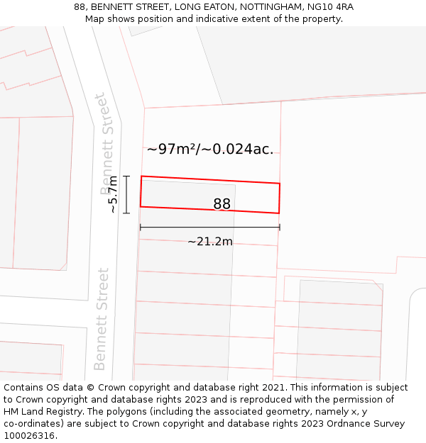 88, BENNETT STREET, LONG EATON, NOTTINGHAM, NG10 4RA: Plot and title map