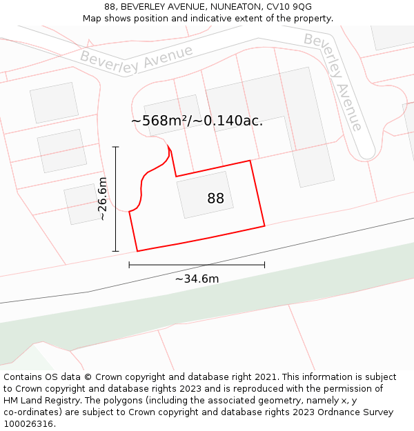 88, BEVERLEY AVENUE, NUNEATON, CV10 9QG: Plot and title map