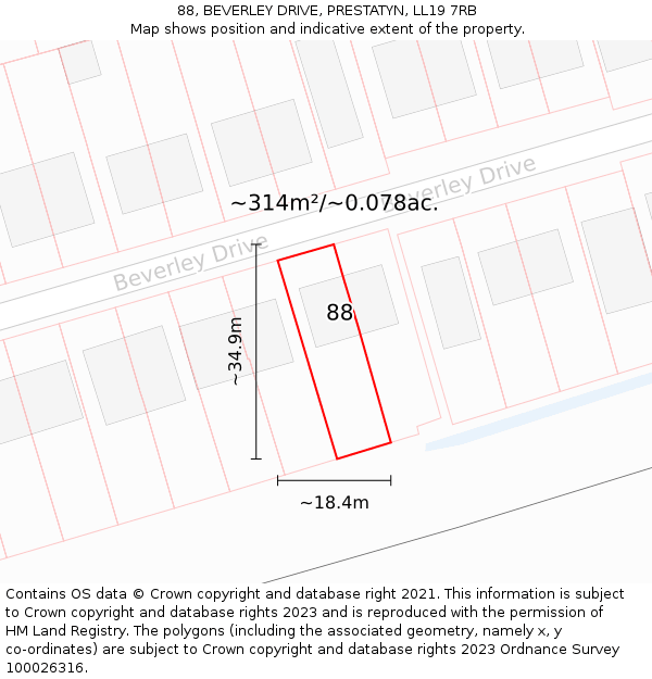 88, BEVERLEY DRIVE, PRESTATYN, LL19 7RB: Plot and title map
