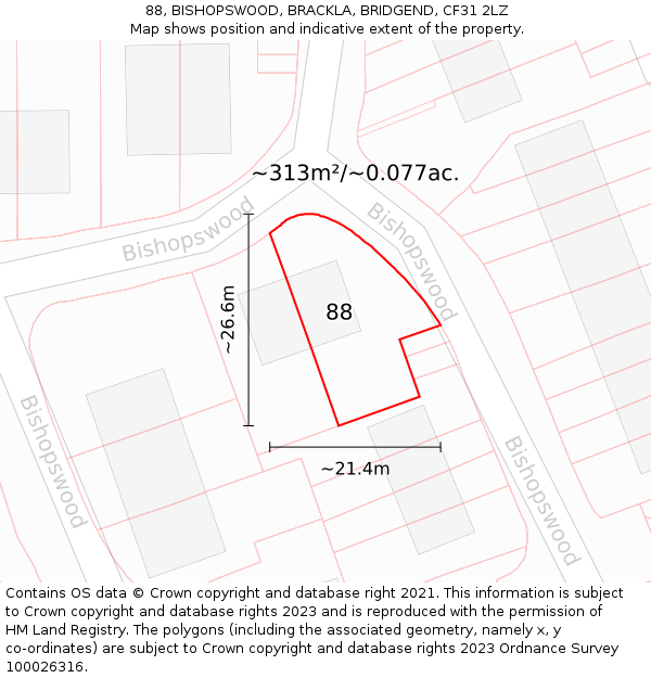 88, BISHOPSWOOD, BRACKLA, BRIDGEND, CF31 2LZ: Plot and title map