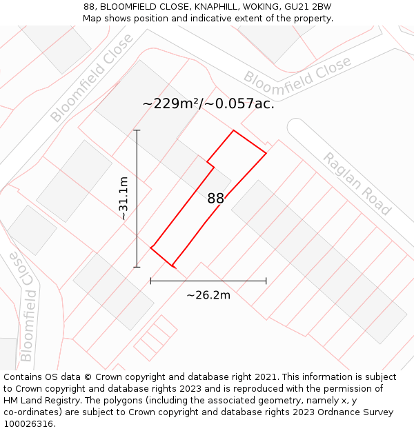 88, BLOOMFIELD CLOSE, KNAPHILL, WOKING, GU21 2BW: Plot and title map