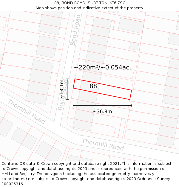 88, BOND ROAD, SURBITON, KT6 7SG: Plot and title map