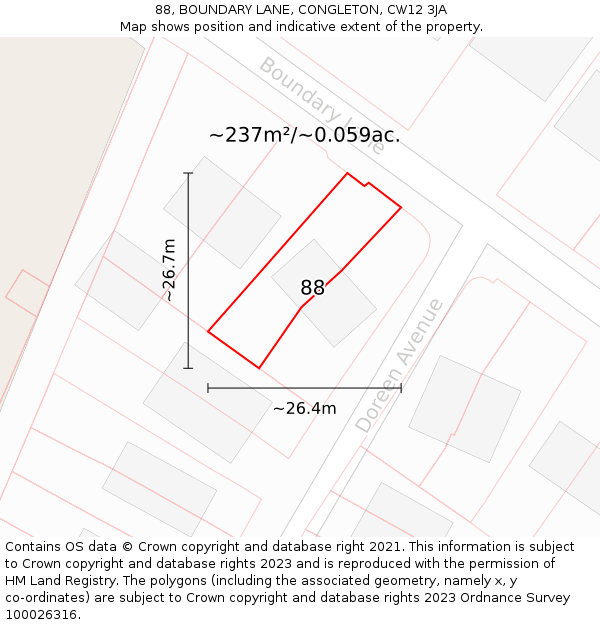 88, BOUNDARY LANE, CONGLETON, CW12 3JA: Plot and title map