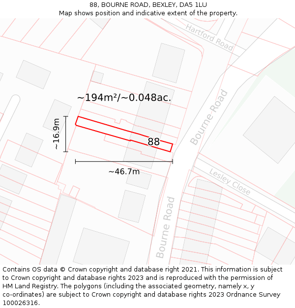 88, BOURNE ROAD, BEXLEY, DA5 1LU: Plot and title map