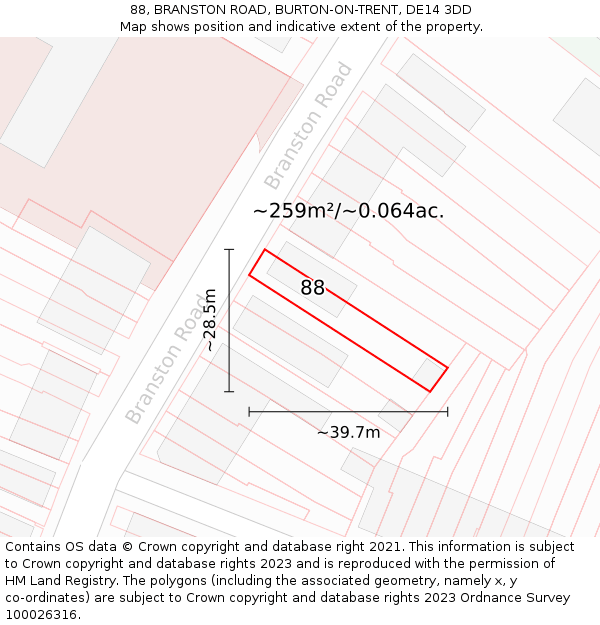 88, BRANSTON ROAD, BURTON-ON-TRENT, DE14 3DD: Plot and title map