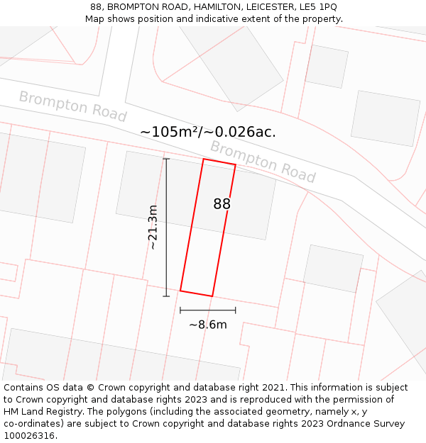 88, BROMPTON ROAD, HAMILTON, LEICESTER, LE5 1PQ: Plot and title map