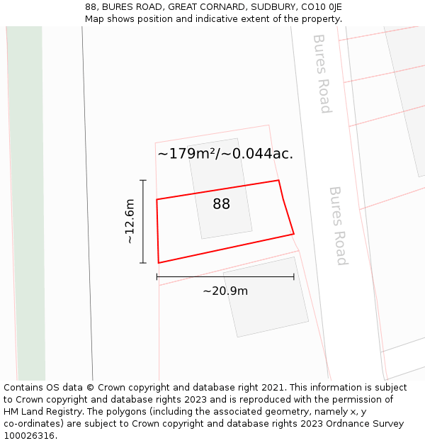 88, BURES ROAD, GREAT CORNARD, SUDBURY, CO10 0JE: Plot and title map