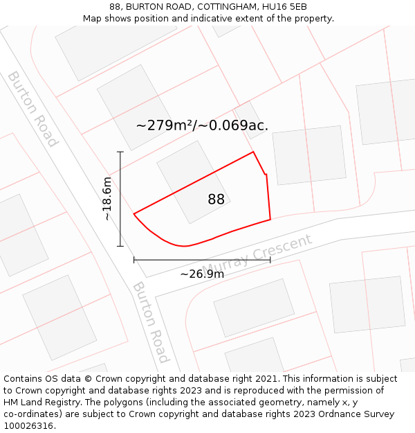 88, BURTON ROAD, COTTINGHAM, HU16 5EB: Plot and title map