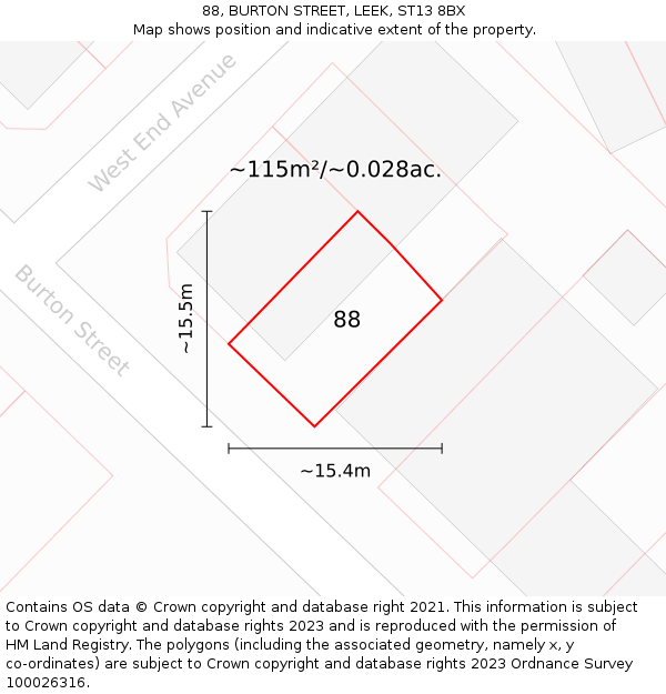 88, BURTON STREET, LEEK, ST13 8BX: Plot and title map