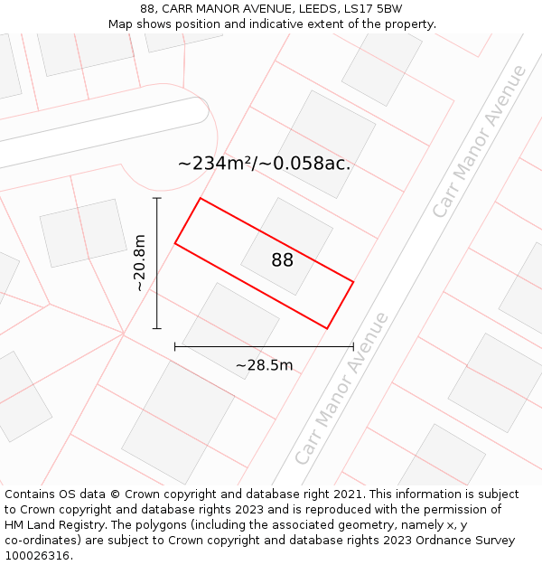 88, CARR MANOR AVENUE, LEEDS, LS17 5BW: Plot and title map
