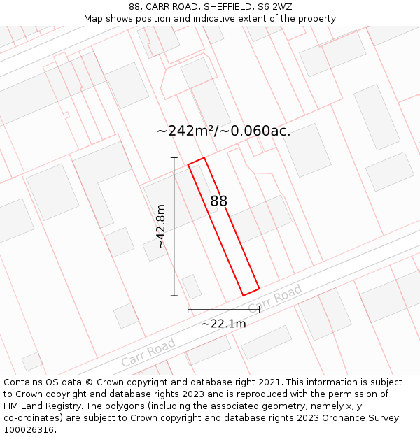 88, CARR ROAD, SHEFFIELD, S6 2WZ: Plot and title map