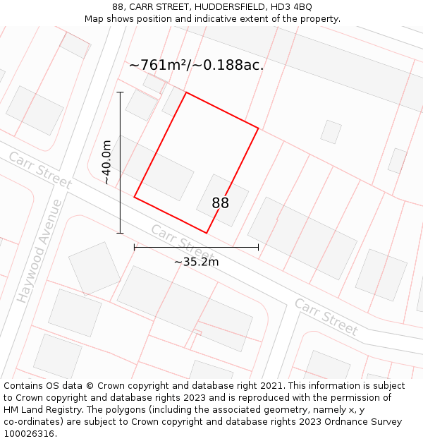 88, CARR STREET, HUDDERSFIELD, HD3 4BQ: Plot and title map