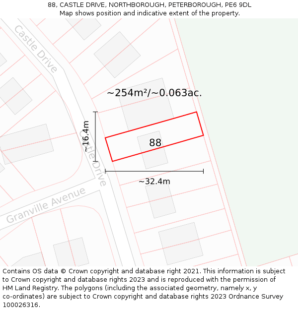 88, CASTLE DRIVE, NORTHBOROUGH, PETERBOROUGH, PE6 9DL: Plot and title map