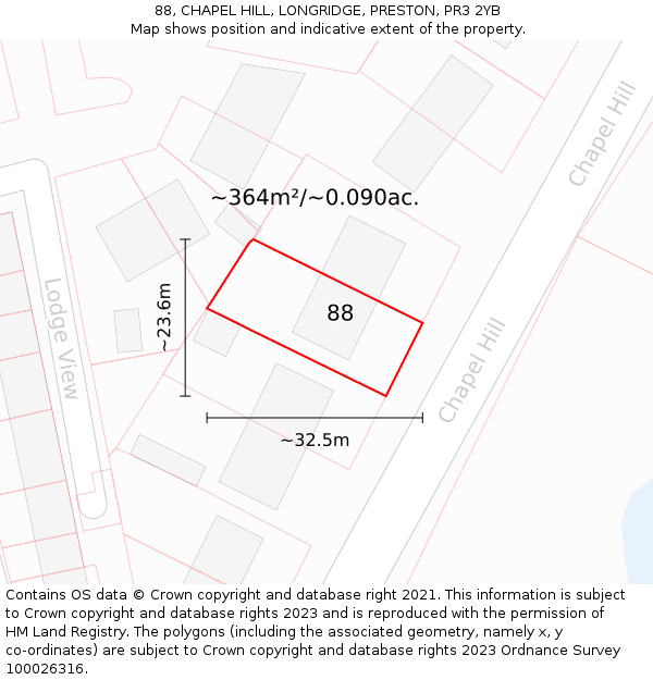 88, CHAPEL HILL, LONGRIDGE, PRESTON, PR3 2YB: Plot and title map