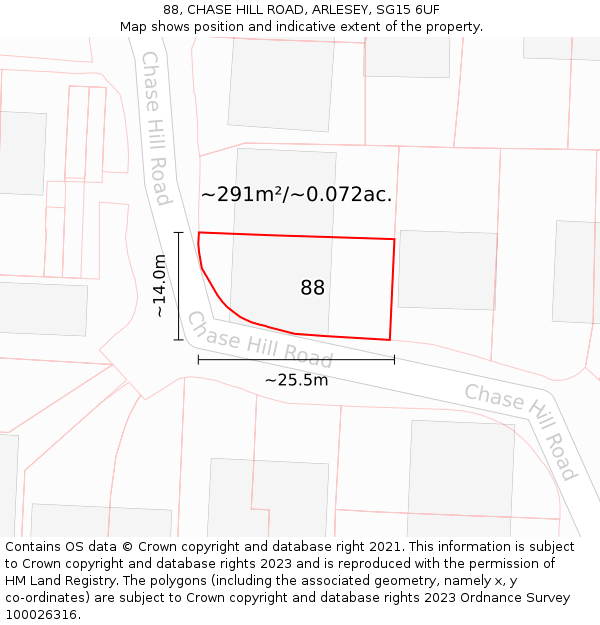 88, CHASE HILL ROAD, ARLESEY, SG15 6UF: Plot and title map