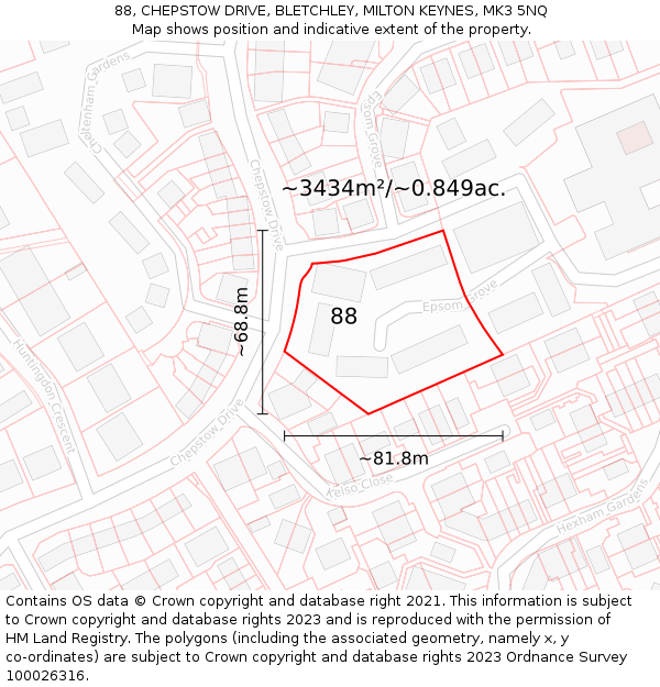 88, CHEPSTOW DRIVE, BLETCHLEY, MILTON KEYNES, MK3 5NQ: Plot and title map