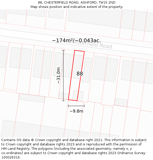 88, CHESTERFIELD ROAD, ASHFORD, TW15 2ND: Plot and title map