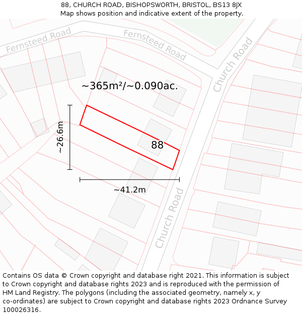 88, CHURCH ROAD, BISHOPSWORTH, BRISTOL, BS13 8JX: Plot and title map