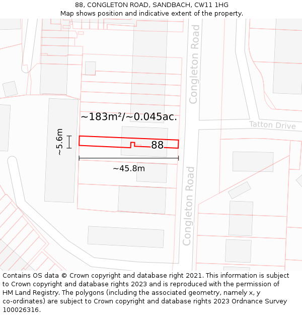 88, CONGLETON ROAD, SANDBACH, CW11 1HG: Plot and title map