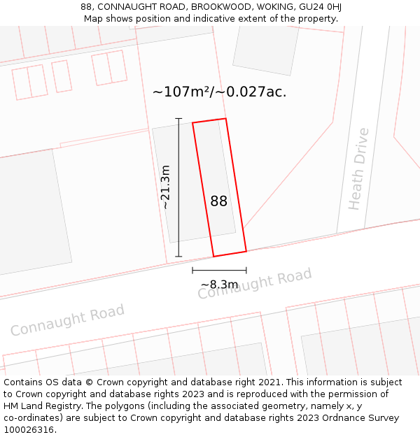 88, CONNAUGHT ROAD, BROOKWOOD, WOKING, GU24 0HJ: Plot and title map
