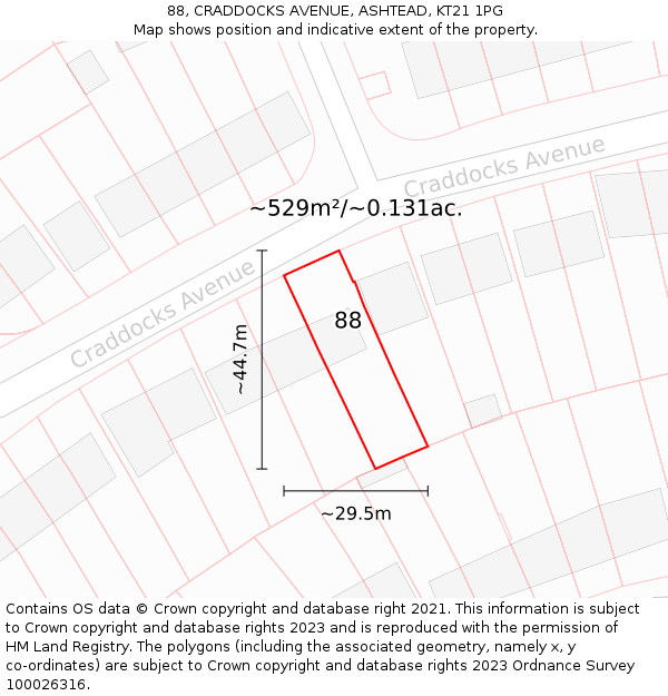 88, CRADDOCKS AVENUE, ASHTEAD, KT21 1PG: Plot and title map