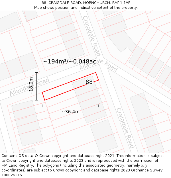 88, CRAIGDALE ROAD, HORNCHURCH, RM11 1AF: Plot and title map