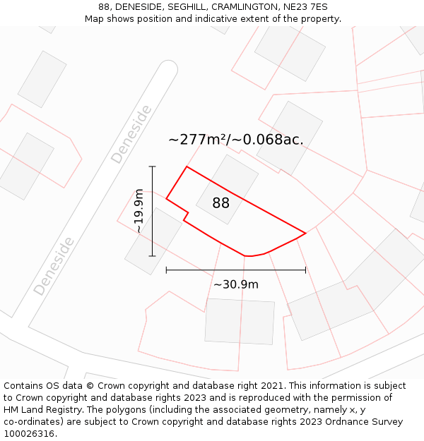 88, DENESIDE, SEGHILL, CRAMLINGTON, NE23 7ES: Plot and title map