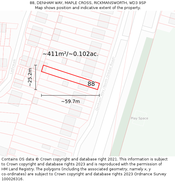88, DENHAM WAY, MAPLE CROSS, RICKMANSWORTH, WD3 9SP: Plot and title map