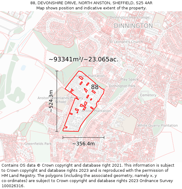 88, DEVONSHIRE DRIVE, NORTH ANSTON, SHEFFIELD, S25 4AR: Plot and title map
