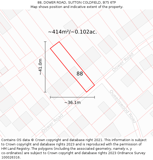 88, DOWER ROAD, SUTTON COLDFIELD, B75 6TP: Plot and title map