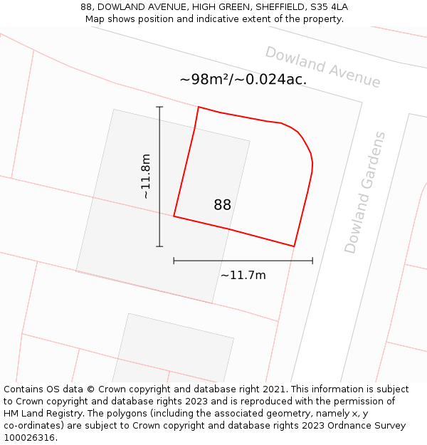 88, DOWLAND AVENUE, HIGH GREEN, SHEFFIELD, S35 4LA: Plot and title map
