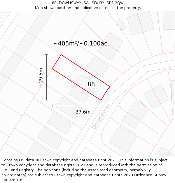 88, DOWNSWAY, SALISBURY, SP1 3QW: Plot and title map