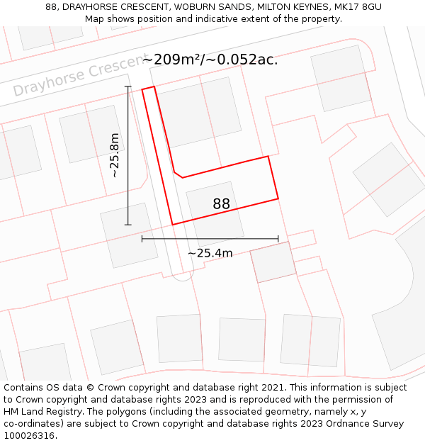 88, DRAYHORSE CRESCENT, WOBURN SANDS, MILTON KEYNES, MK17 8GU: Plot and title map