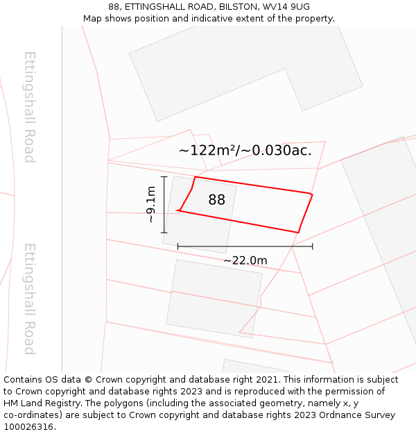 88, ETTINGSHALL ROAD, BILSTON, WV14 9UG: Plot and title map