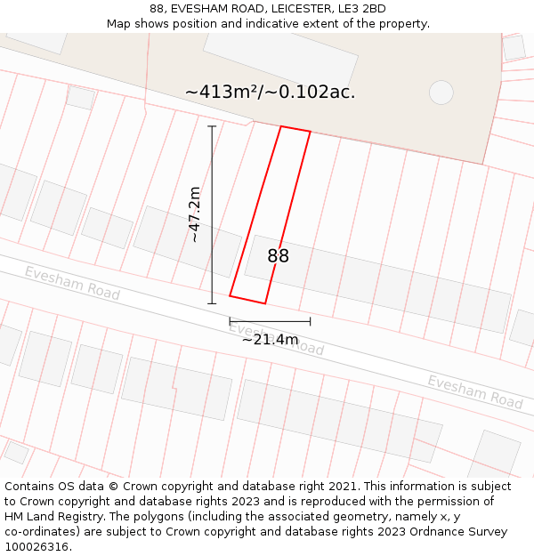 88, EVESHAM ROAD, LEICESTER, LE3 2BD: Plot and title map