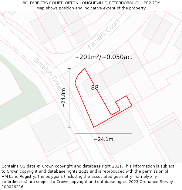 88, FARRIERS COURT, ORTON LONGUEVILLE, PETERBOROUGH, PE2 7DY: Plot and title map