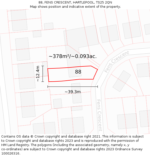 88, FENS CRESCENT, HARTLEPOOL, TS25 2QN: Plot and title map