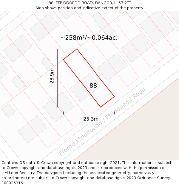 88, FFRIDDOEDD ROAD, BANGOR, LL57 2TT: Plot and title map