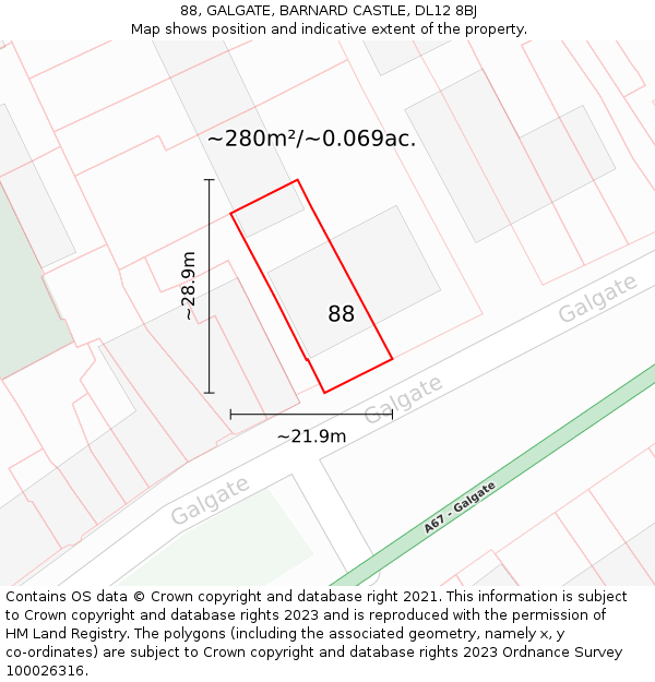 88, GALGATE, BARNARD CASTLE, DL12 8BJ: Plot and title map