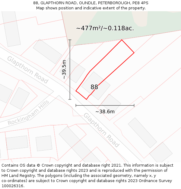 88, GLAPTHORN ROAD, OUNDLE, PETERBOROUGH, PE8 4PS: Plot and title map