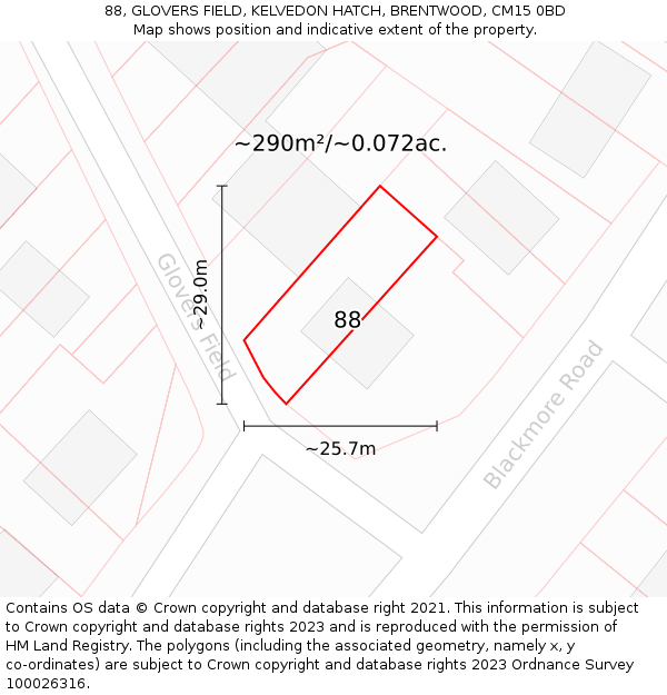 88, GLOVERS FIELD, KELVEDON HATCH, BRENTWOOD, CM15 0BD: Plot and title map