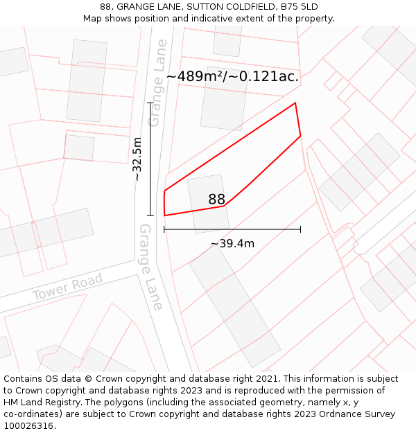 88, GRANGE LANE, SUTTON COLDFIELD, B75 5LD: Plot and title map