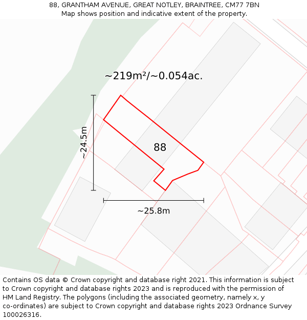 88, GRANTHAM AVENUE, GREAT NOTLEY, BRAINTREE, CM77 7BN: Plot and title map