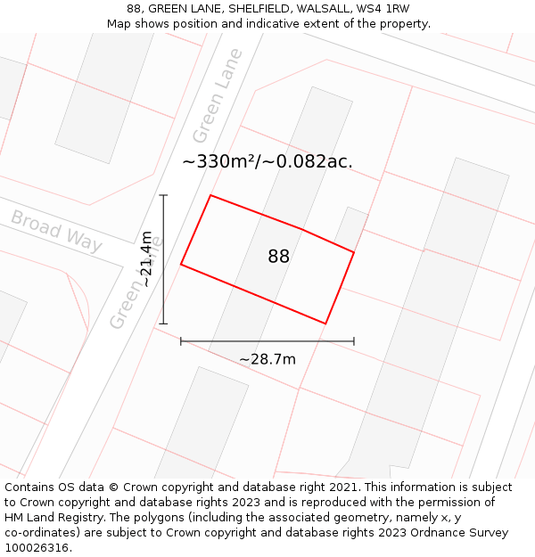 88, GREEN LANE, SHELFIELD, WALSALL, WS4 1RW: Plot and title map