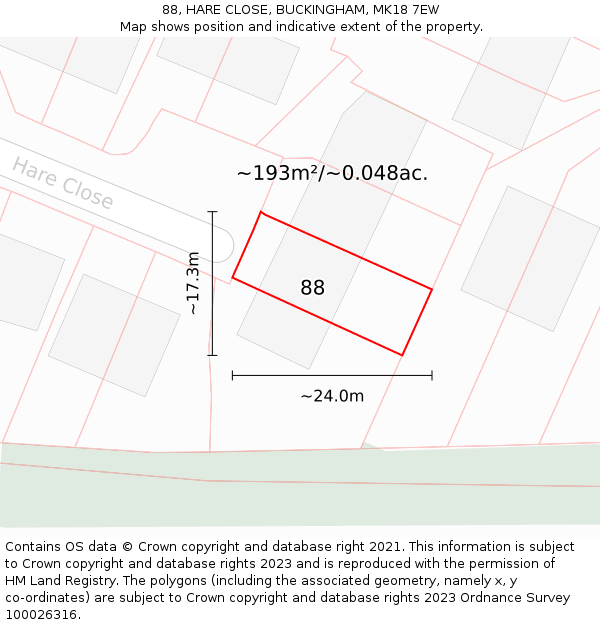 88, HARE CLOSE, BUCKINGHAM, MK18 7EW: Plot and title map